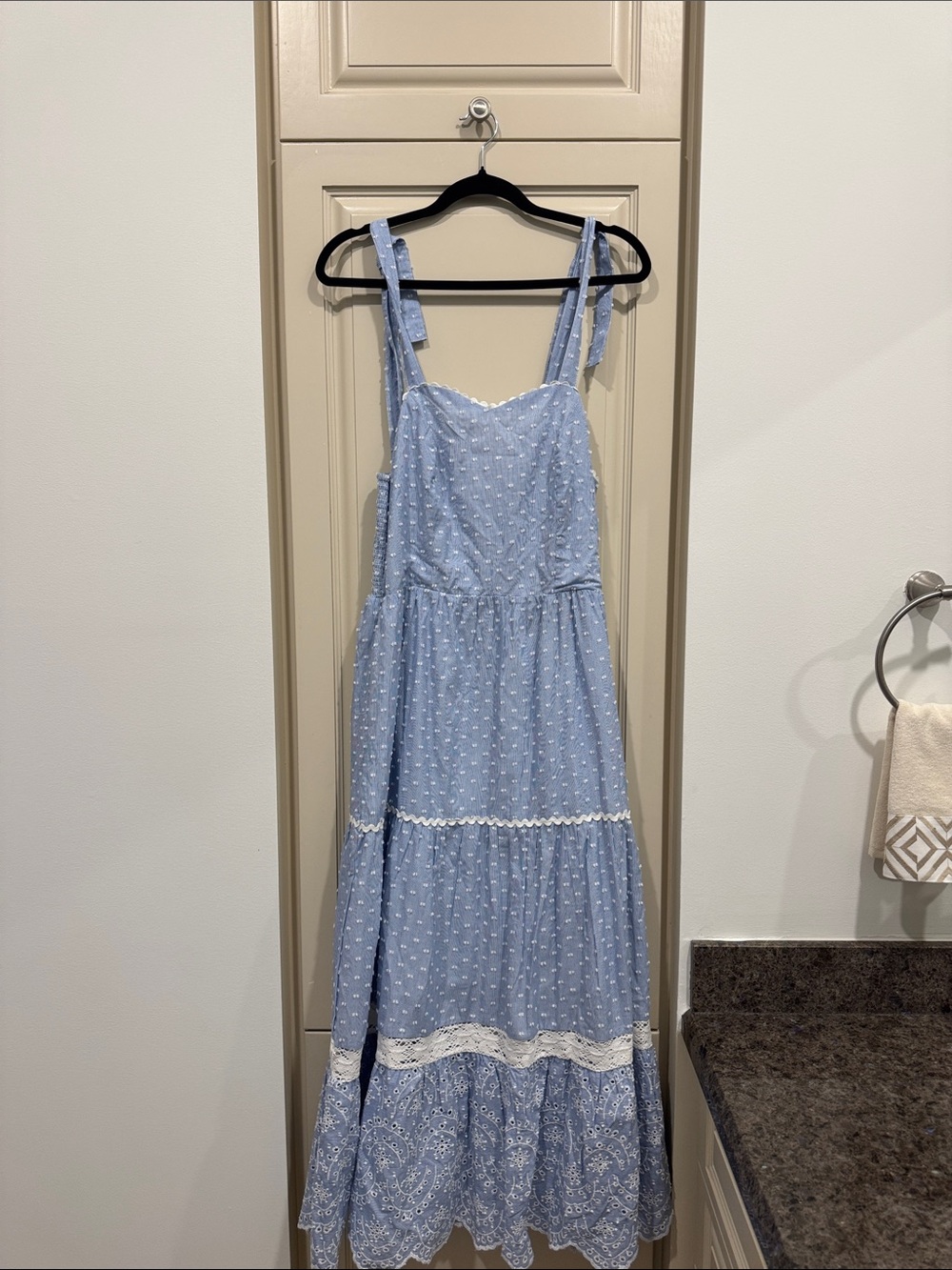 Shabby Chic Light Blue Dot Tie-Strap Maxi Dress with Lace Panels